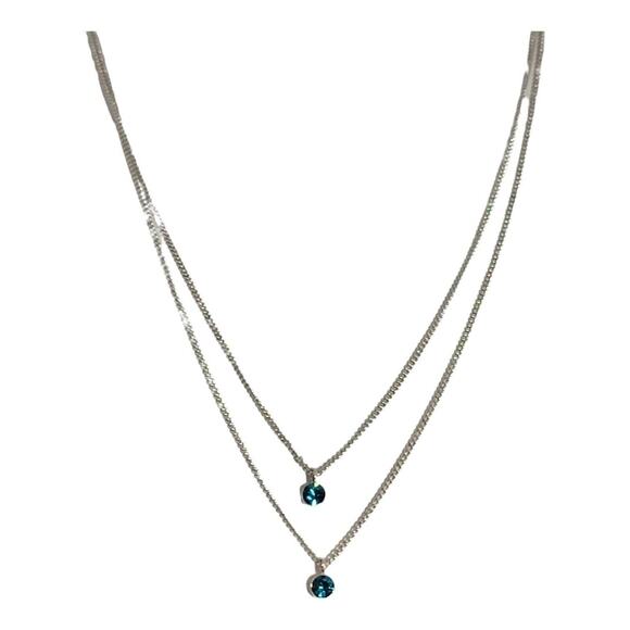 Unbranded Jewelry - Layered Blue Necklace Rhinestones Minimalist 16" - 18" L Silver Tone Cable Chain